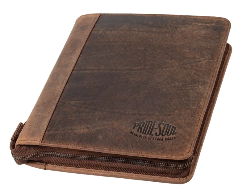 Pride & Soul Charon 30123 Organiser A5 Leather Zip Writing Case in Brown, Organiser Folder Approx. 27 x 20.5 cm, Conference Folder with Mobile Phone Pocket, Pen Loop and 3 Business Card Compartments