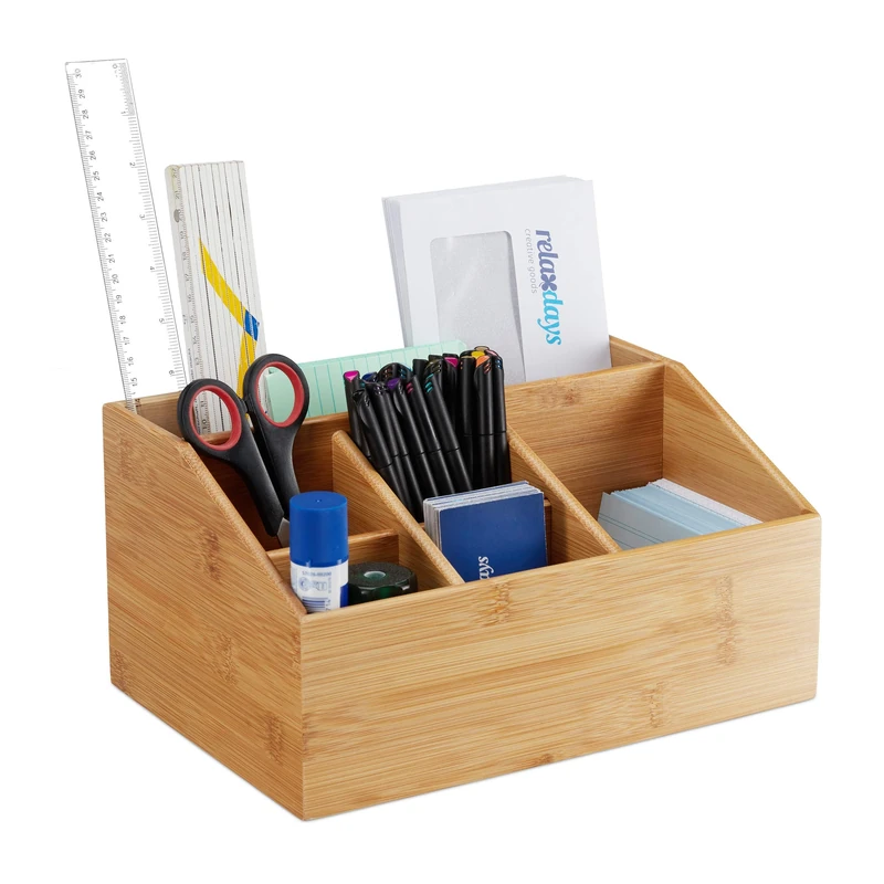 Relaxdays Bamboo Organizer, 6 Compartments, With Pen Holder, A5 Letter Rack, Office Tidy, HWD 14x28x19.5 cm, Natural