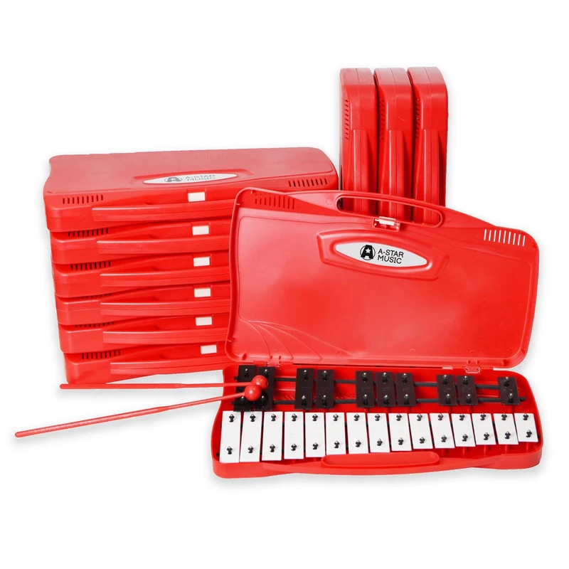 A-Star 25 Note Soprano Chromatic Glockenspiel Xylophone in Red Case and Two Plastic Beaters - 2 Octaves G5 to G7-10 Pack