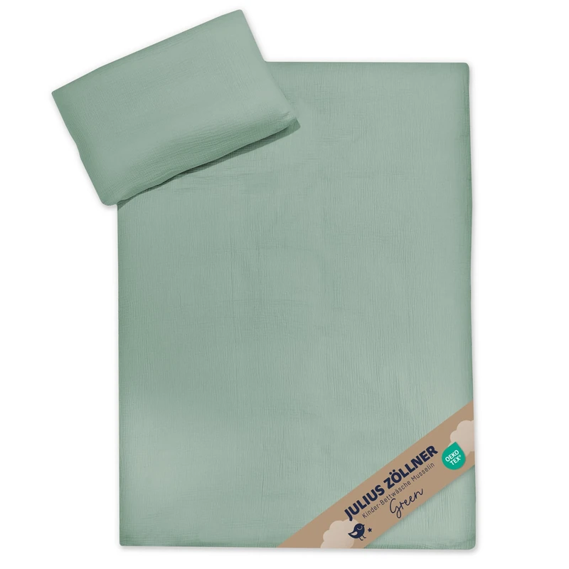 Julius Zöllner Muslin Children's Bed Linen 100 x 135 + 40 x 60 cm, 2-Piece Set Consisting of Duvet Cover and Pillowcase, 100% Cotton Muslin, with Zip, Standard 100 by Oeko-Tex, Green