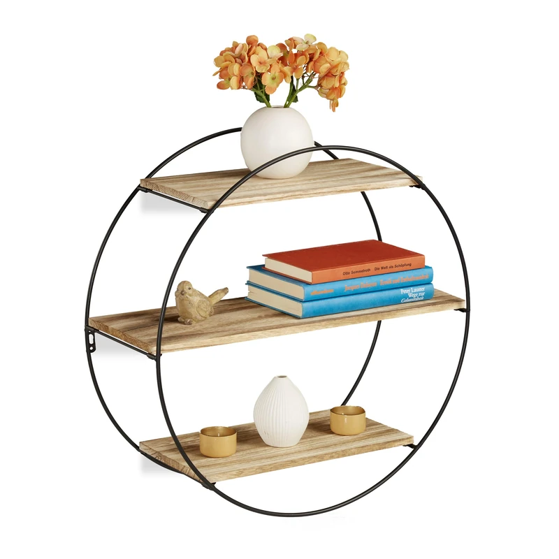 Relaxdays Floating Shelf, Black, Iron, 3 Tiers, Modern Decoration, Round, Vintage, D: 50 cm, Black & Natural