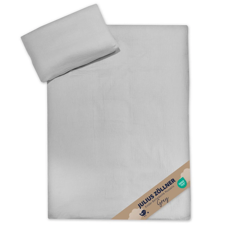 Julius Zöllner Muslin Children's Bed Linen 100 x 135 + 40 x 60 cm, 2-Piece Set Consisting of Duvet Cover and Pillowcase, 100% Cotton Muslin, with Zip, Standard 100 by Oeko-Tex, Grey