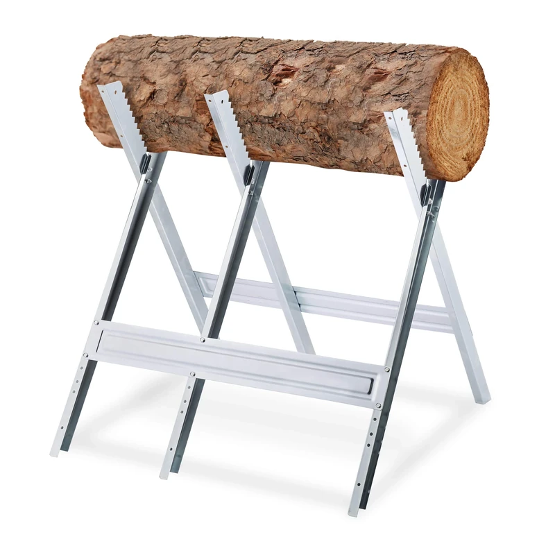 Relaxdays Sawhorse, Wood Sawing, 150 kg, Work Bench Chainsaws, Firewood, Sturdy Steel, HxWxD 81 x 75.5 x 81 cm, Silver