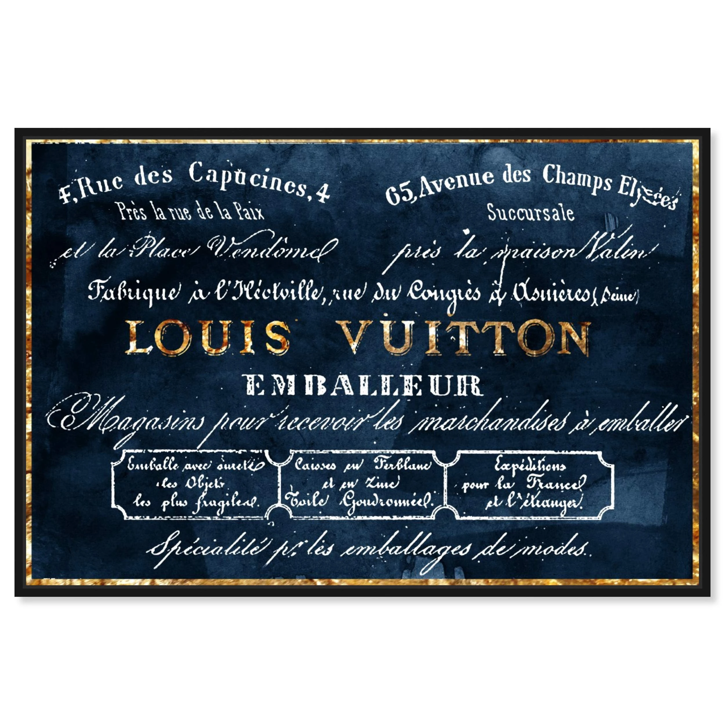 The Oliver Gal Artist Co. Fashion and Glam Framed Wall Art Canvas Prints 'Emballeur Navy' Road Signs Home Décor, 24 in x 16 in, Blue, Gold