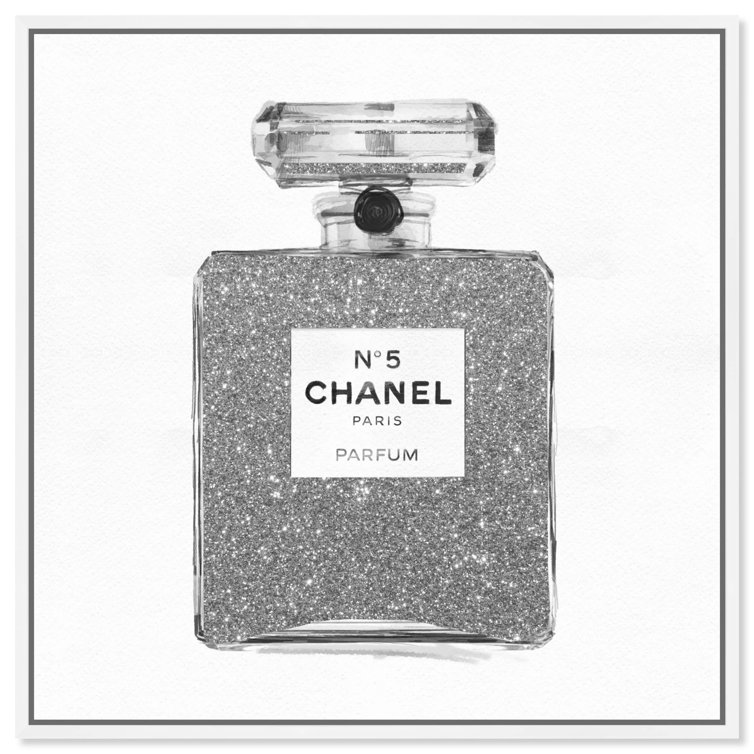 The Oliver Gal Artist Co. Fashion and Glam Framed Wall Art Canvas Prints 'Silver Classic Number 5' Perfumes Home Décor, 12 in x 12 in, Gray, White