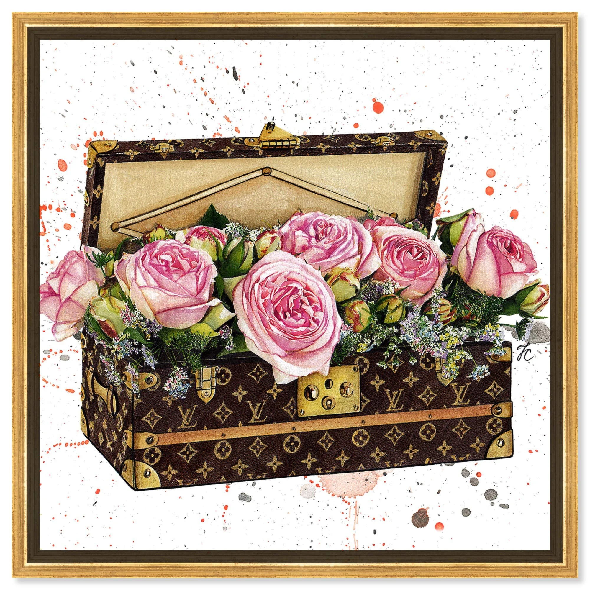 The Oliver Gal Artist Co. Fashion and Glam Wall Art Canvas Prints 'Doll Memories-Trunk Full of Flowers' Travel Essentials Home Décor, 30 in x 30 in, Pink, Brown