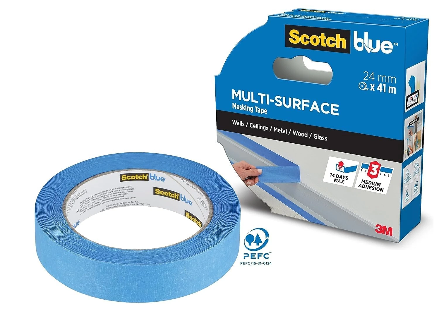 ScotchBlue Multi-Surface Premium Masking Tape, 24mm x 41m, 1 Roll/Pack - Scotch Adhesive Blue Painters Tape, For Painting and Decorating, Indoor & Outdoor, Sticks Well, 70% PEFC
