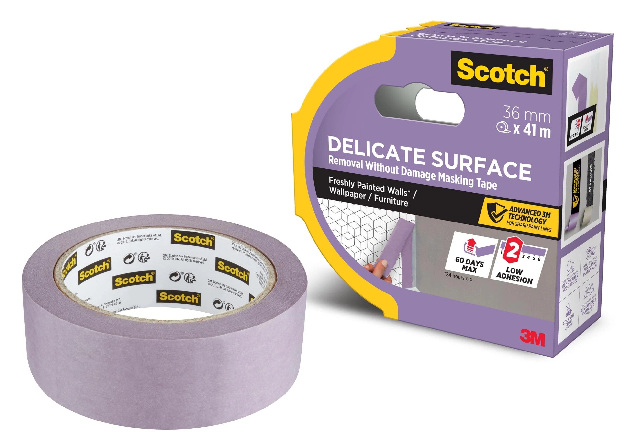 Scotch Delicate Surface Advanced Masking Tape, 36 mm x 41 m, Super-sharp Paint Lines, For Delicate Painting and Decorating Indoor, Painters Tape For Wallpaper and Furniture
