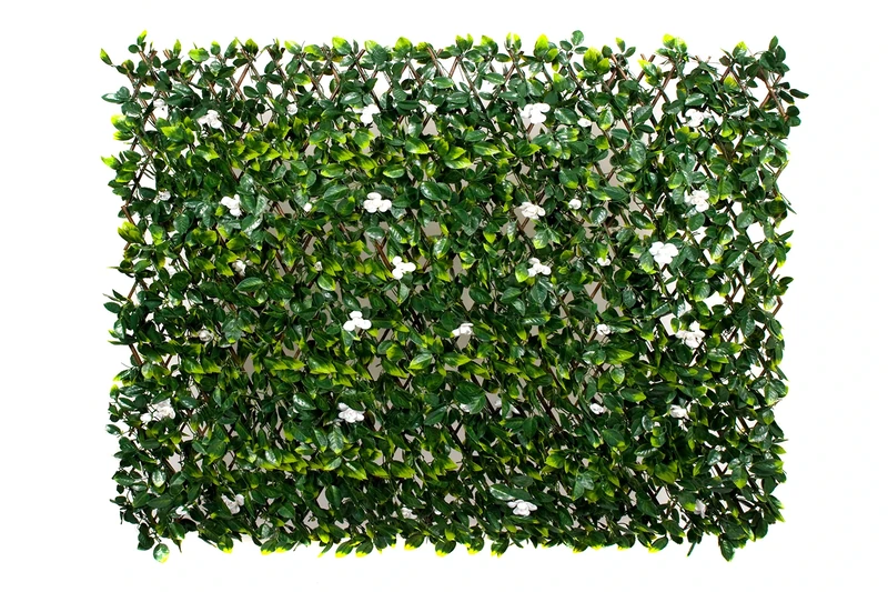 Artificial Expanding Green Wall Trellis Willow Fence with Green Leaf Foliage & White Flowers (1m x 2m) -UV Stable