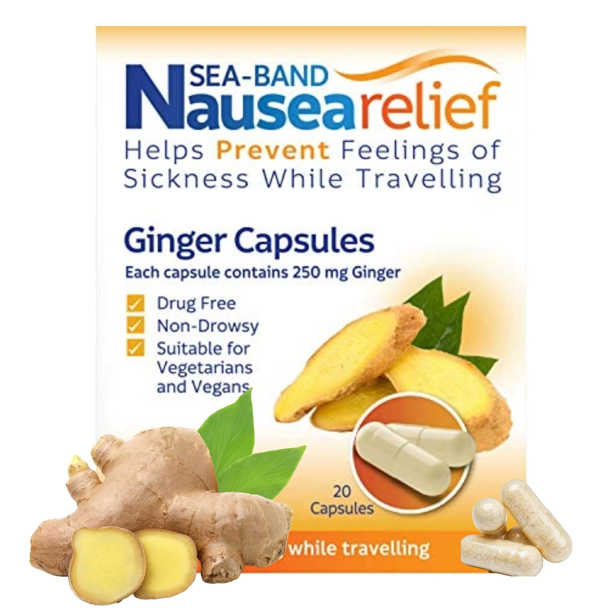 Sea-Band Travel Sickness Ginger Capsules (20 Pack) for Adults and Children Over 12 Years, for Motion and Nausea Relief (20 Capsules, Pack of 1)