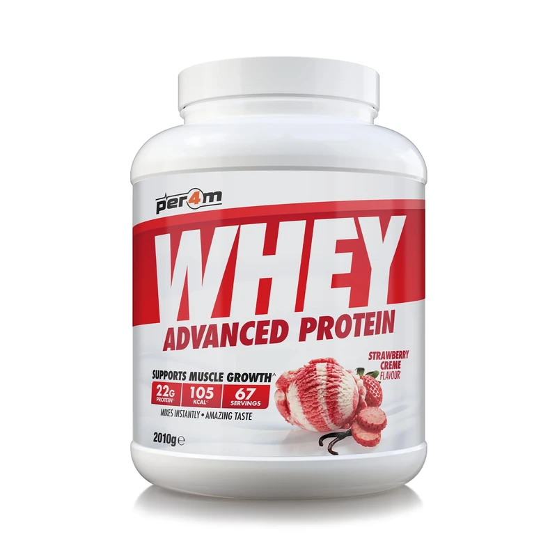 Per4m Whey Protein Powder | High Protein Shake for Muscle Growth & Recovery | Low Sugar Gym Supplement | Sports Nutrition Drink + Amino Acids (2010g, Strawberry Creme)