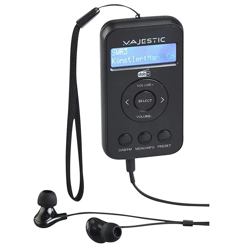 Majestic RT 196 DAB - Portable DAB/DAB+/FM Radio with LCD Display, Rechargeable Battery, Headphone Output Included, Carry Strap, Black