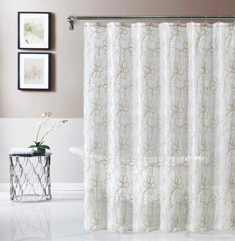 Dainty Home Stella Embroidered Shower Curtain, Polyester, Linen/Linen, 70 Inches x 72 Inches