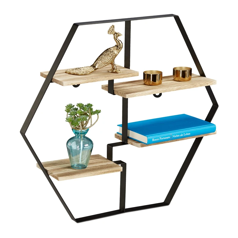 Relaxdays Floating Shelf, Hexagonal, Black, Iron, 4 Tiers, Modern, Vintage, 52 x 60 x 12 cm, Black, Natural