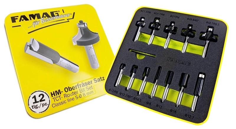 FAMAG Classic Line 3381.812 Carbide Milling Cutter Set 12 Pieces Shaft Diameter 8 mm in Metal Box