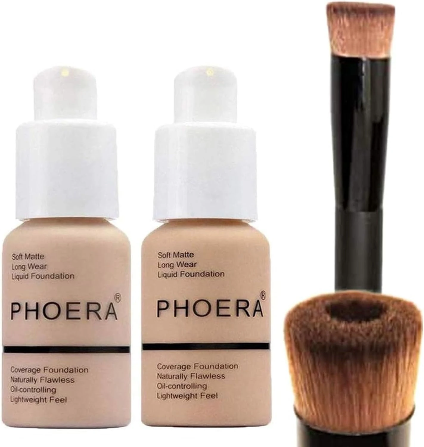 Glamza PHOERA Foundation 102 and 104 Full Coverage Foundation, Full Coverage Flawless New 30ml 24HR Matte Oil Control (Buff Beige #104)(Nude #102) + Liquid Foundation Brush