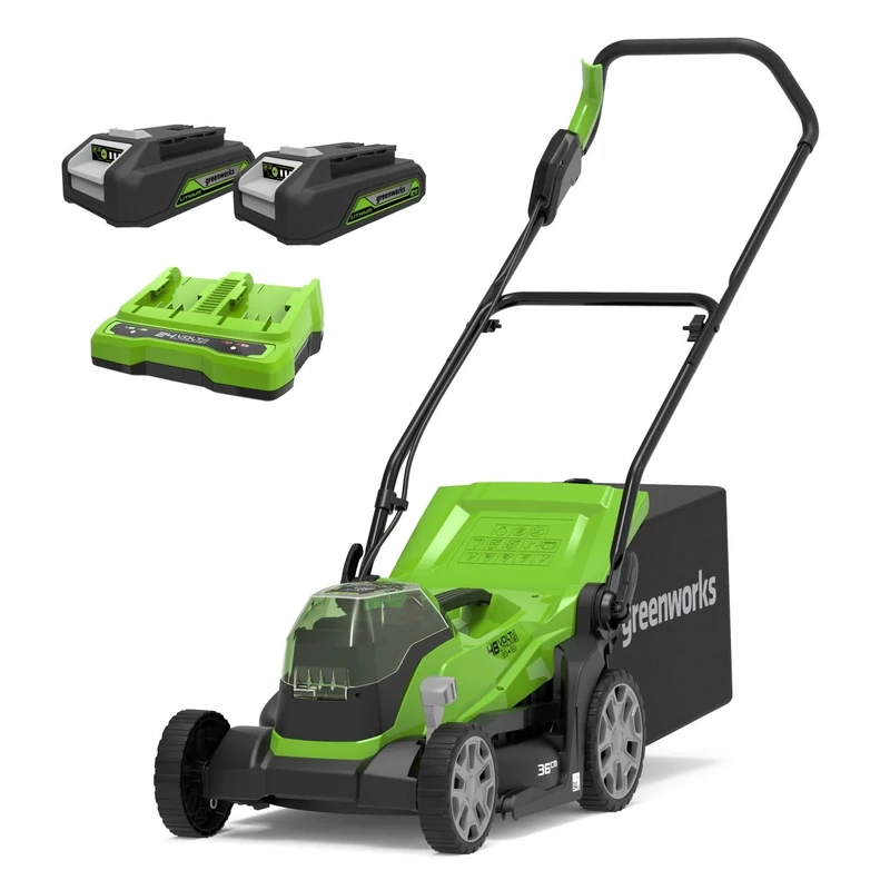 Greenworks Cordless Lawnmower 48V (24V x 2) for Lawns up to 210m², 36cm Cutting Width, 40L Bag PLUS Two of 2Ah Batteries & Twin Charger, 3 Year Guarantee，G24X2LM36K2X