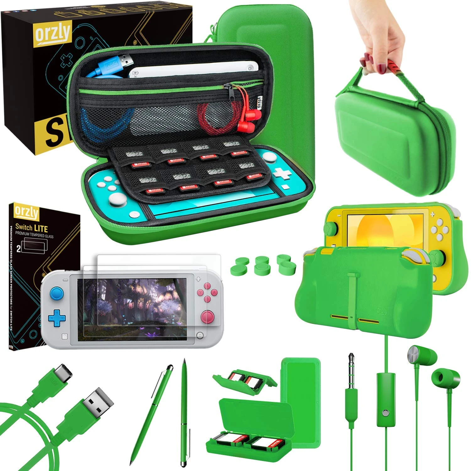 Orzly Switch Lite Accessories Bundle - Case & Screen Protector for Nintendo Switch Lite Console, USB Cable, Games Holder, Comfort Grip Case, Headphones, Thumb-Grip Pack & More - Green
