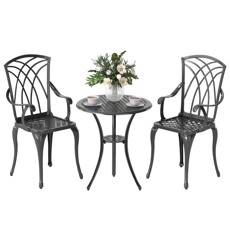 Outsunny 3 Pieces Garden Dining Set for 2, Cast Aluminium Outdoor Dining Set with 2 Armchairs and Round Dining Table with Parasol Hole, Garden Furniture Set, Brown