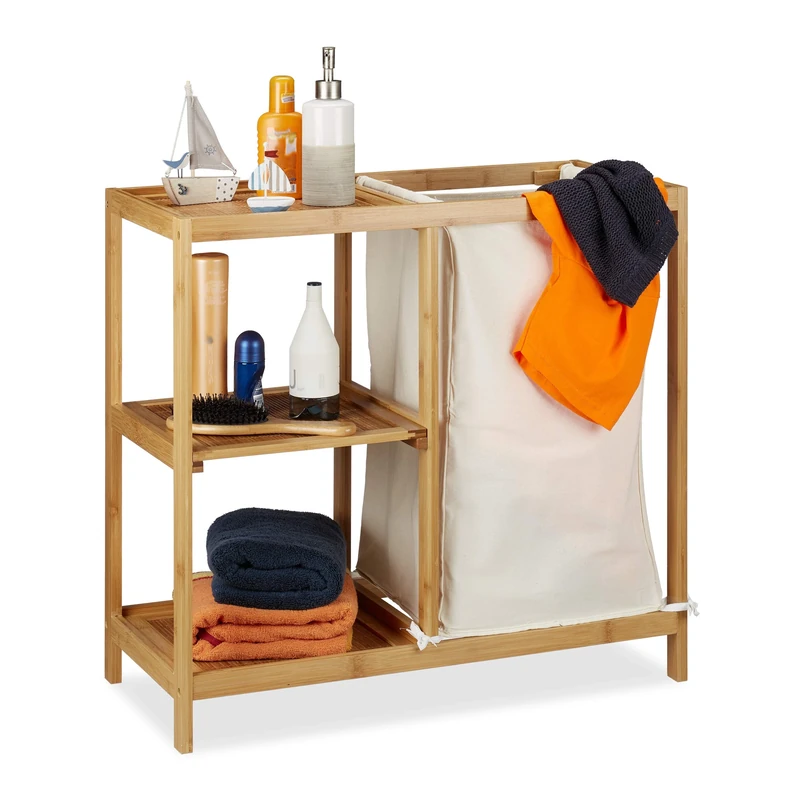 Relaxdays Bathroom Shelf With Laundry Hamper, 3 Tiers, Removable Sack, Open Bamboo Shelving, HxWxD 65x68x33 cm, Natural