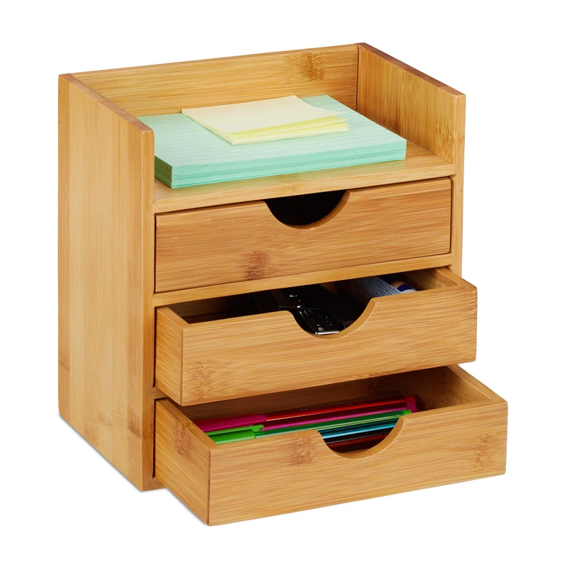 Relaxdays Bamboo Desktop Organizer, 3 Drawers, Desk Tidy, Office Storage Unit, Pen Holder, HxWxD: 21x20x13 cm, Natural, 1 Item