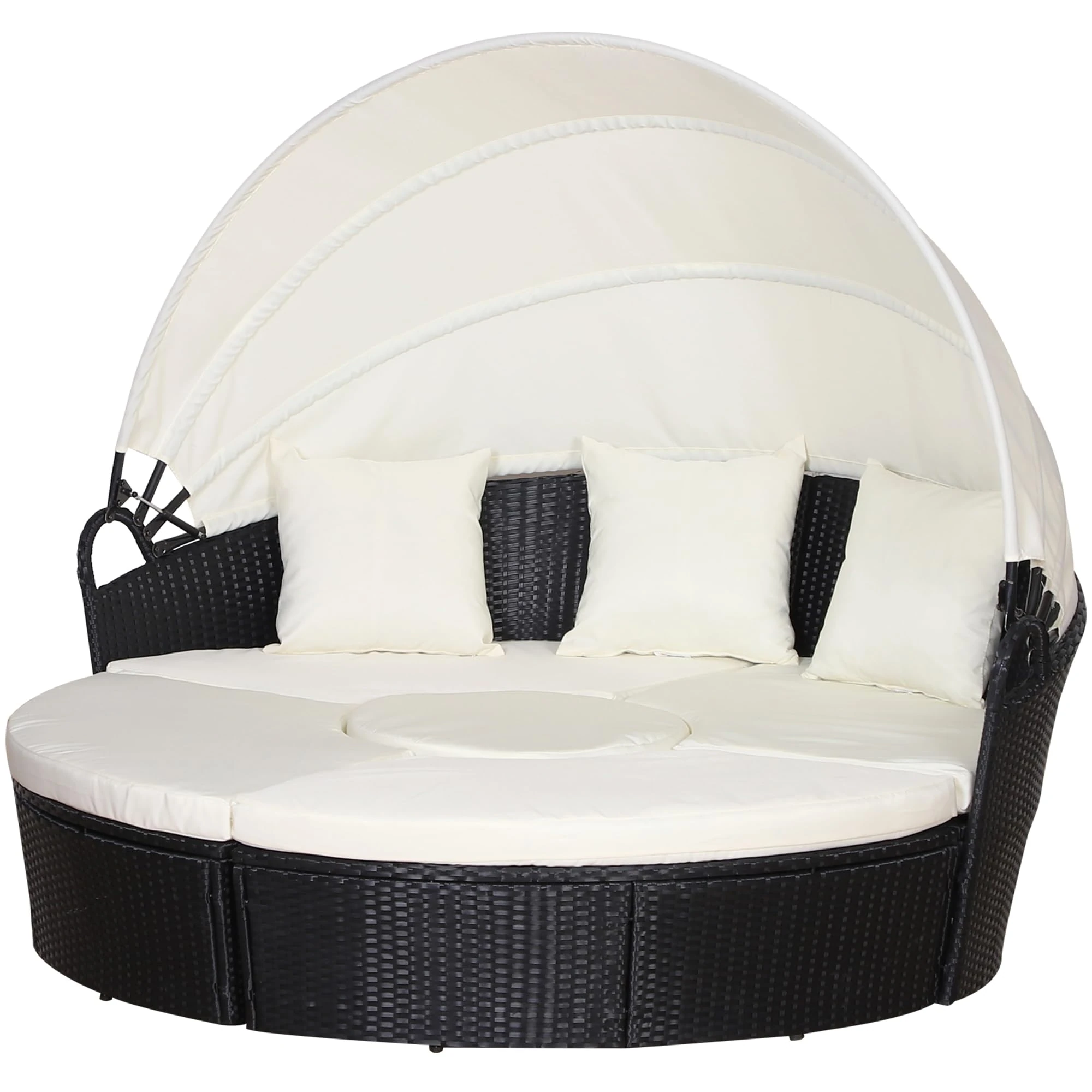 Outsunny PE Rattan Lounge Set, 5 Pieces Patio Conversation Furniture Set, Garden Round Sofa Bed with Cushion and Retractable Canopy, Black