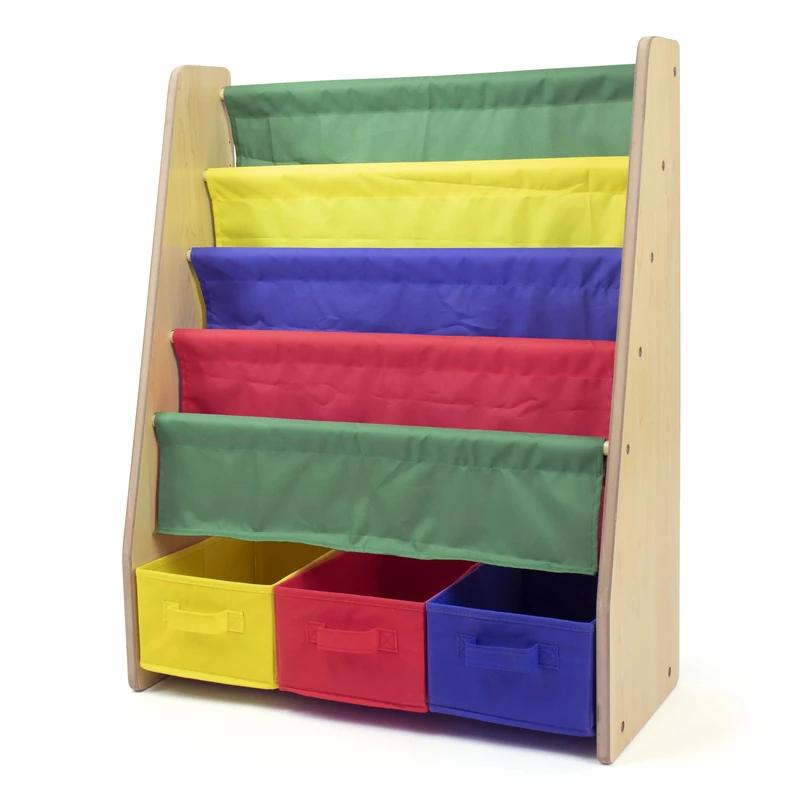 Humble Crew Primary Wooden Bookshelf for Children, 4 Tier Book Storage Shelf with Deep Fabric Pockets, 3 Collapsable Bin Organisers, Forward Facing Book Display - Natural Wood/Red/Blue/Green/Yellow