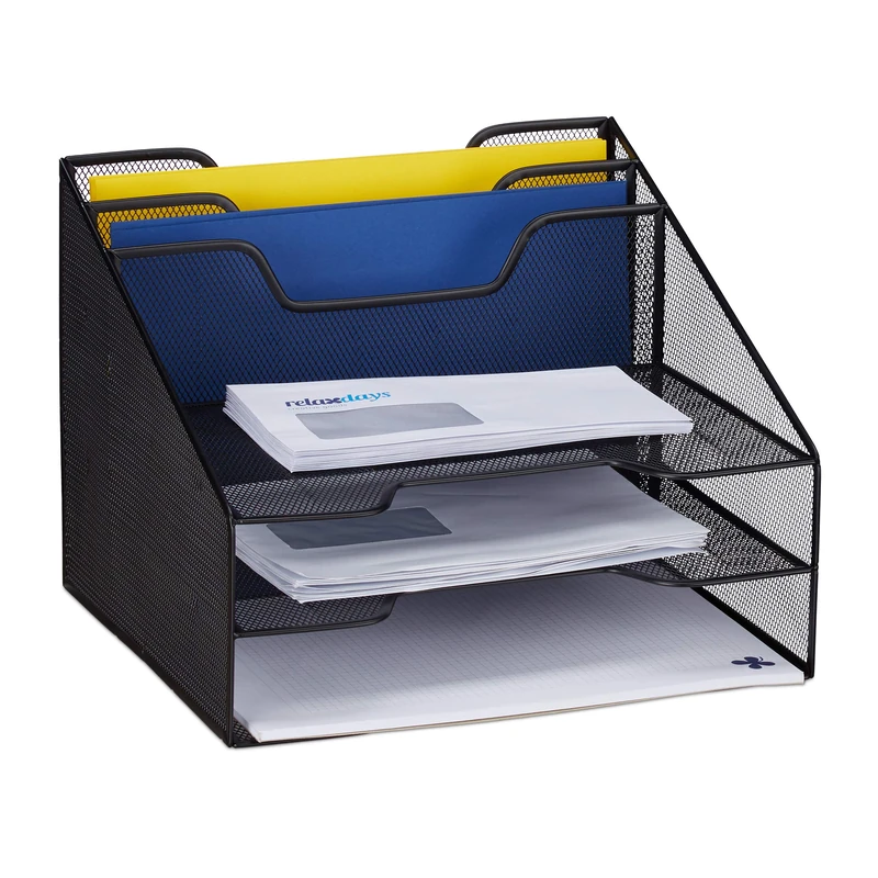 Relaxdays Document Organizer, Standing With 5 Compartments, Letter Rack, File Holder, Mesh, 24x32x29 cm, Black
