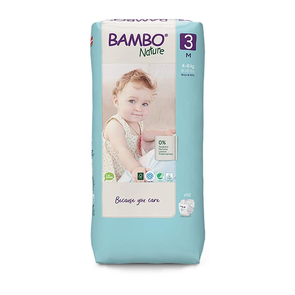 Bambo Nature Premium Eco Nappies, Eco-Friendly Sustainable Nappies, Enhanced Leakage Protection, Secure & Comfortable Baby Nappies, Secure & Comfortable - Size 3 Nappies (9-18lb/4-8kg), Midi, 52PK