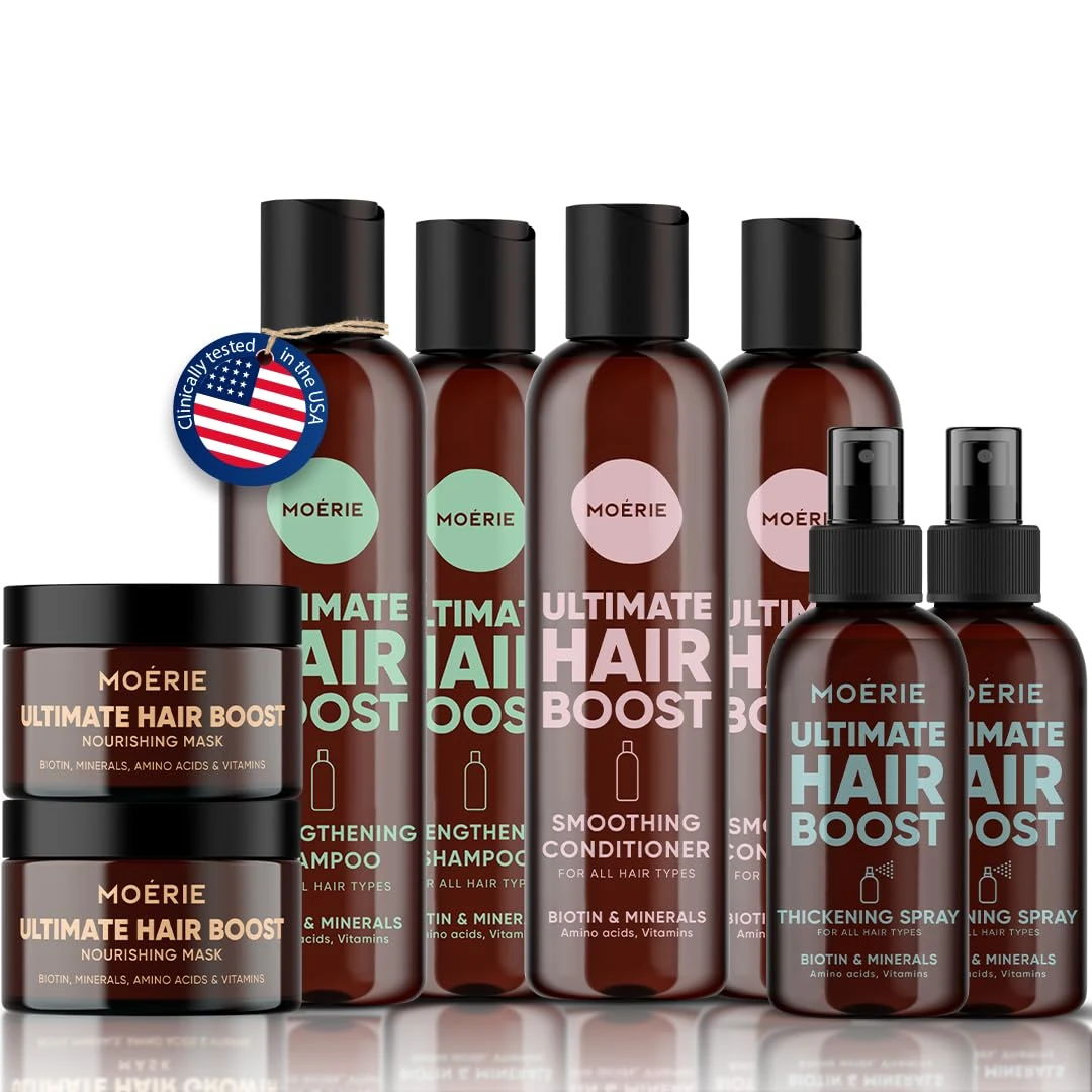 Moerie Mineral Shampoo and Conditioner Plus Hair Mask and Hair Spray Mega Pack – The Ultimate Hair Care Set – For Longer, Thicker, Fuller Hair - Vegan Hair Products – Paraben & Silicone Free 8 items