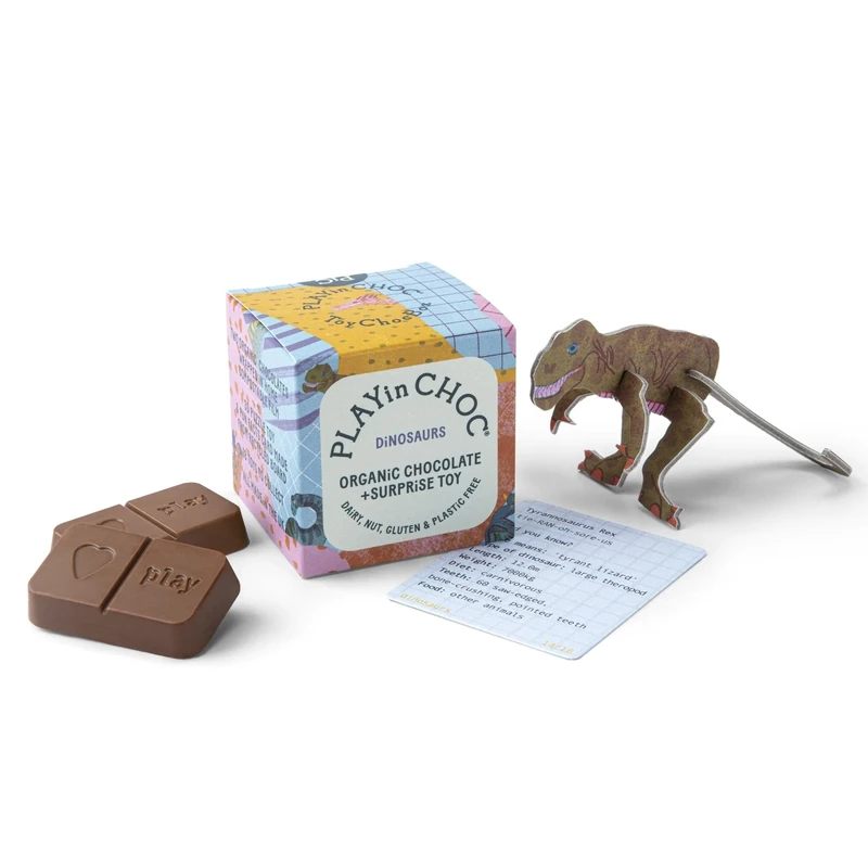 PLAYin CHOC ToyChoc Box, Organic Chocolate Gift Box for Kids With Surprise 3D Puzzle Toy, Gluten, Nut & Dairy Free Chocolate, Award Winning UK Chocolatier - Dinosaur