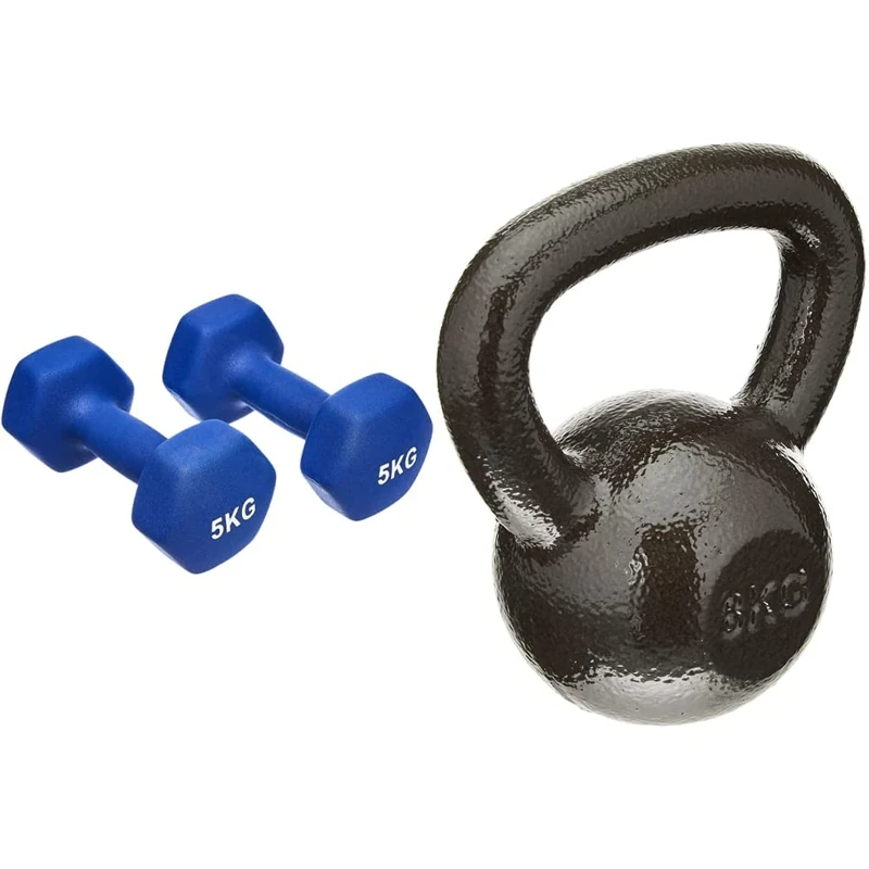 Amazon Basics Neoprene Dumbbell Pair, 2 x 5Kg & cast-iron kettlebell 10kg
