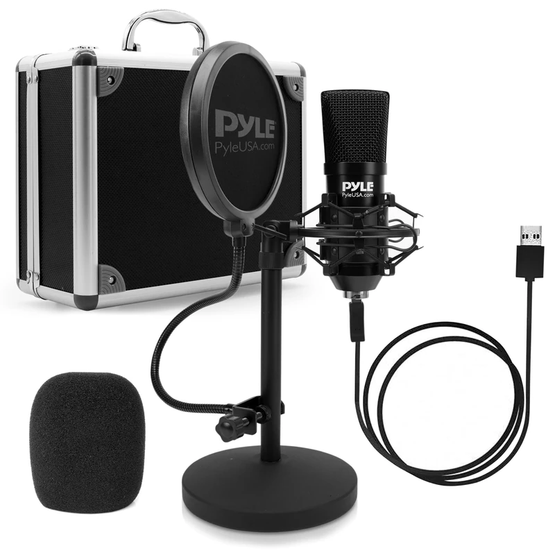 Pyle USB Condenser Microphone Kit – PC Gaming Mic with Pop Filter, Stand, and Case, Plug & Play USB Microphone for Streaming, Podcasting, Recording, YouTube & Desktop Use