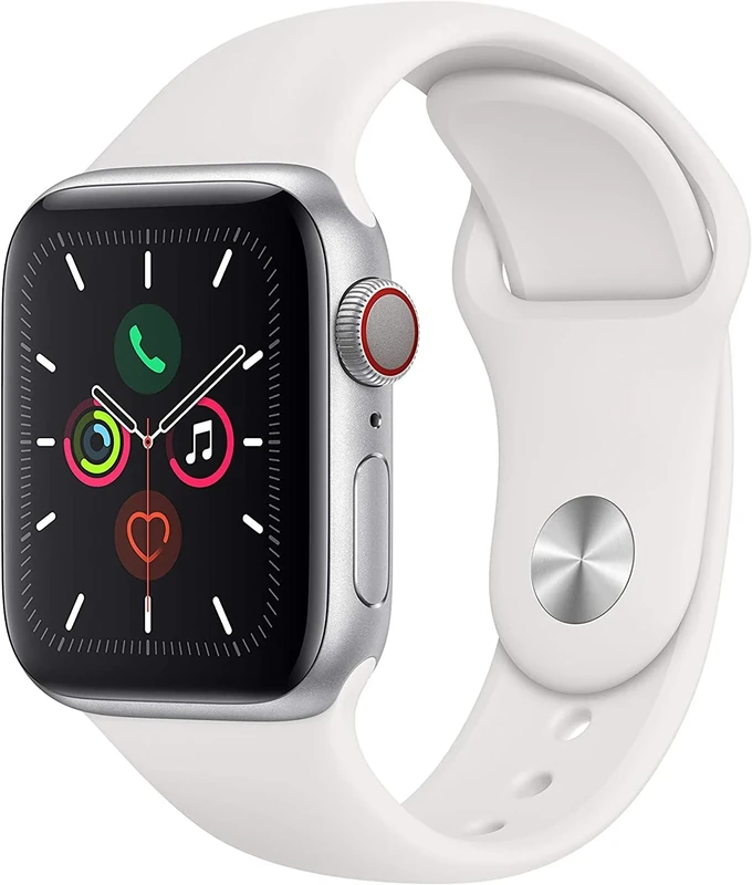 Apple Watch Series 5 (GPS + Cellular, 40mm) - Silver Aluminium Case with White Sport Band (Renewed)