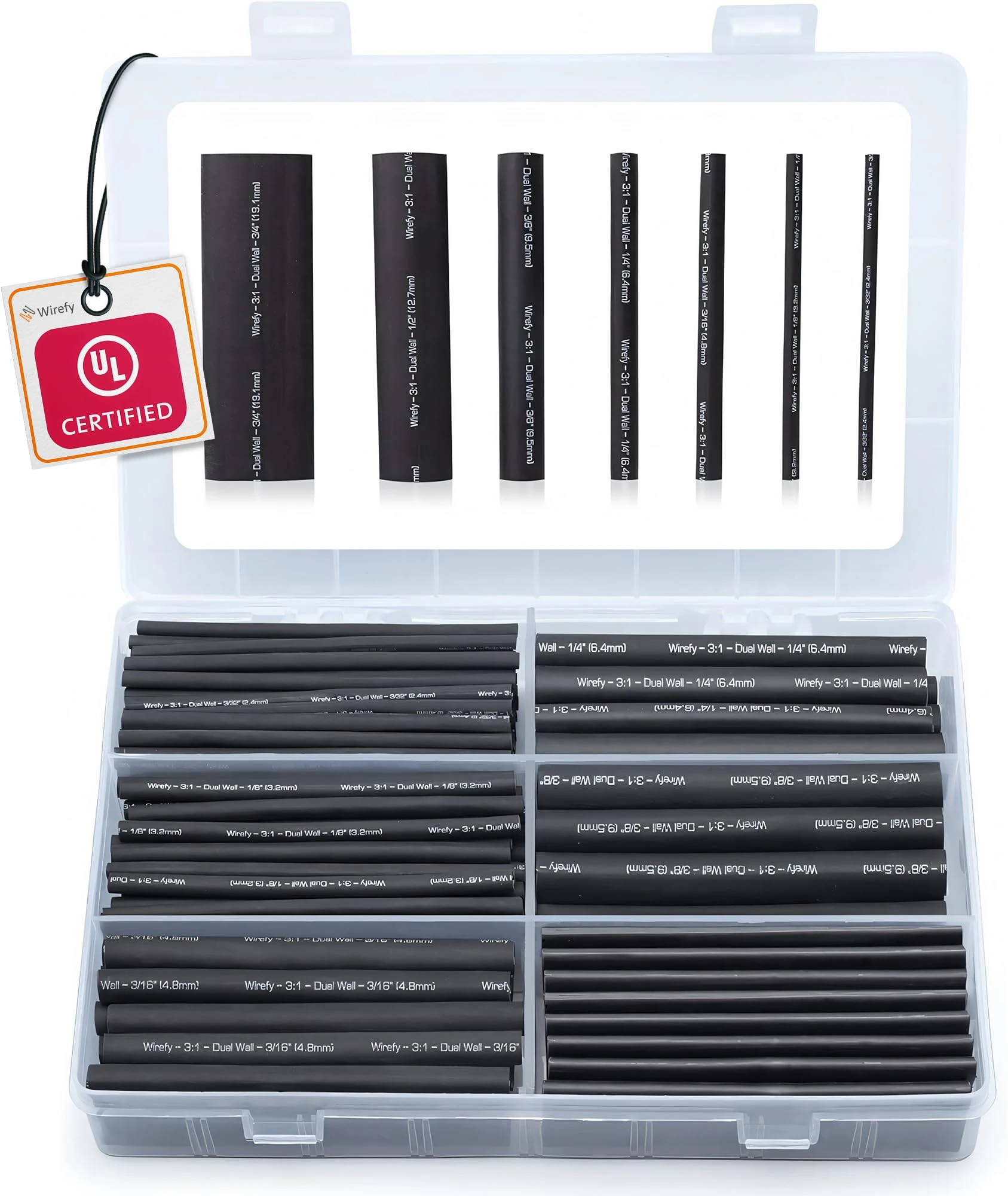 Wirefy Heat Shrink Tubing Kit 180 PCS - 3:1 Ratio Adhesive Lined, Wire Shrink Wrap Tubing - Industrial Heat-Shrink Tubing - Black - Shrink Wrap Tubing | Heat Shrink Wire Tubing