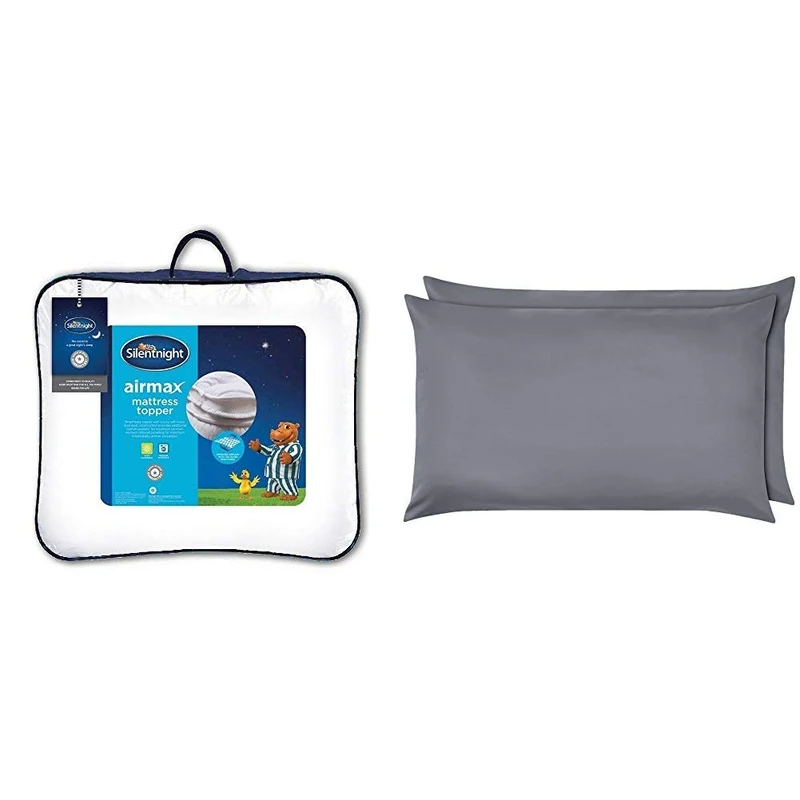 Silentnight Airmax Mattress Topper, Polyester, White, Double & Amazon Basics Microfibre Pillowcases, Dark Grey – Set of Two