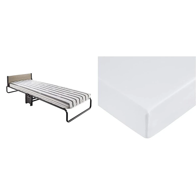 JAY-BE Revolution Folding Bed with Airflow Fibre Mattress & Amazon Basics Microfibre Fitted Sheet, Single, Bright White - Image 1