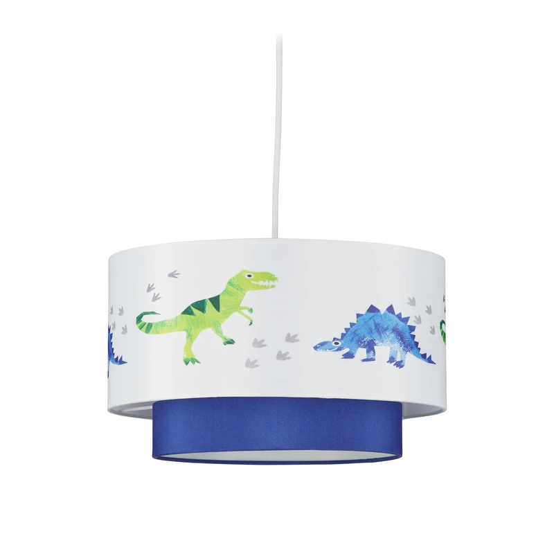 Relaxdays Dino Hanging Lamp, Round Lampshade with Dinosaur Design for Nursery and Playroom, HxD 126x30 cm, White-Blue