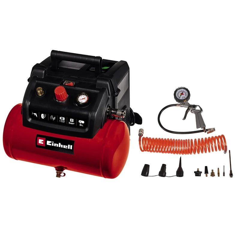 Einhell 6L Oil-Free Air Compressor with Gun - 8 Bar, 116 PSI, 240V, 1200W Service-Free Motor, Pressure Reducer, Safety Valve - TC-AC 190/6/8 of Small Compressor for Workshops, 3 Year Warranty