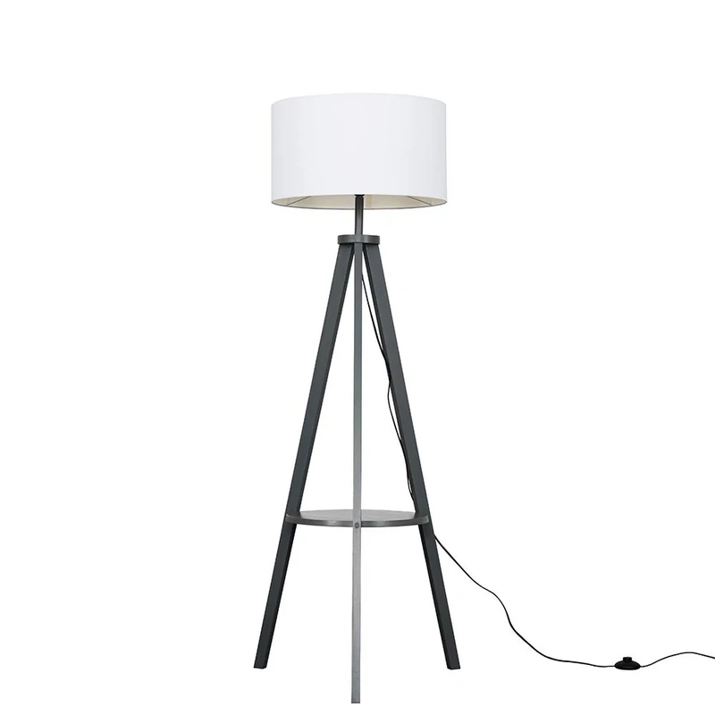 MiniSun | Modern Grey Wood Tripod Design Floor Lamp with Storage Shelf and White Drum Shade | Floor Lamps & Torchieres, Home Décor & Improvement Essential | Includes 6W LED E27 Light Bulb