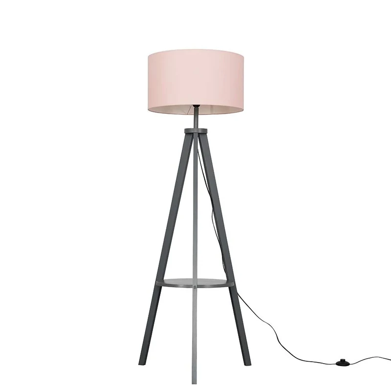 MiniSun | Modern Grey Wood Tripod Design Floor Lamp with Storage Shelf and Pink Drum Shade | Floor Lamps & Torchieres, Home Décor & Improvement Essential | Includes 6W LED E27 Light Bulb