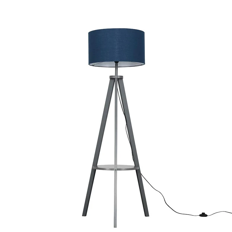 MiniSun | Modern Grey Wood Floor Lamp with Storage Shelf and Navy Blue Drum Shade | Floor Lamps & Torchieres, Home Décor & Improvement Essential | Includes 6W LED Bulb [3000K Warm White]