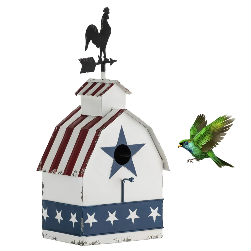 Alpine Corporation YHL208HH Alpine Patriotic Rooster Vane Top Birdhouse, Multicolor