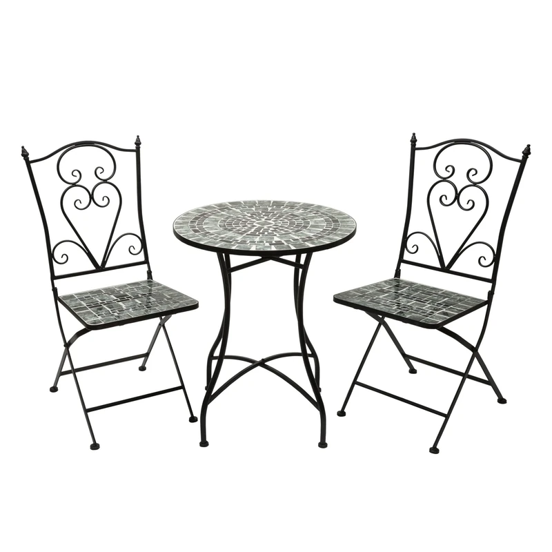Alpine Corporation Indoor/Outdoor Marbled Glass Mosaic 3-Piece Bistro Set Folding Table and Chairs Patio Seating