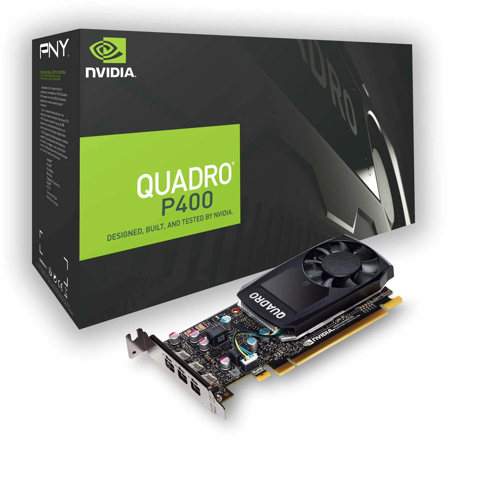 PNY Quadro P400 Professional Graphic Card 2GB GDDR5 PCI Express 3.0 x16, Single Slot, 3x Mini-DisplayPort, 5K Support, Ultra-quiet active fan