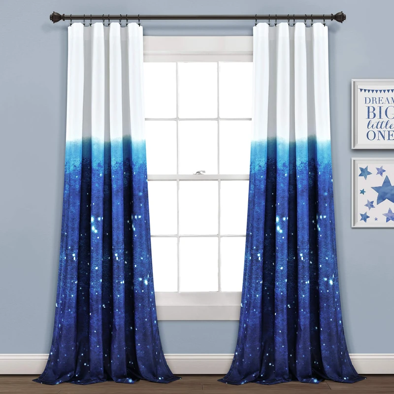 Lush Decor PB&J Navy & White Make A Wish Space Star Ombre Window Curtain Panel Pair, 84" Long x 52" Wide, 84 inches - Image 1