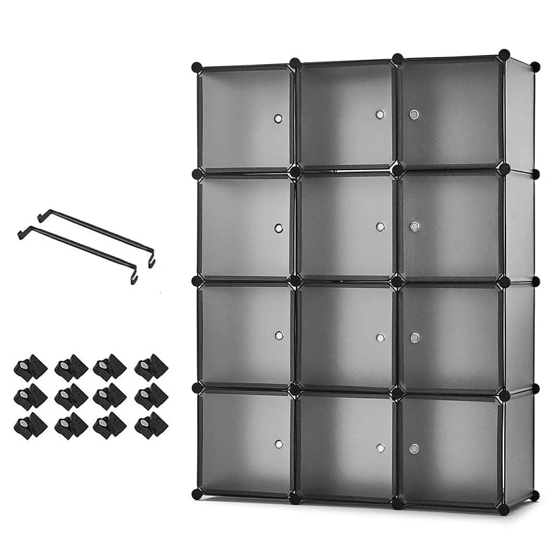 Mondeer Plastic Wardrobe, Portable Closet Cabinet, Interlocking Modular Storage Cubes for Clothes, 110 x 37 x 145 cm, Translucent Grey, 12 Cubes
