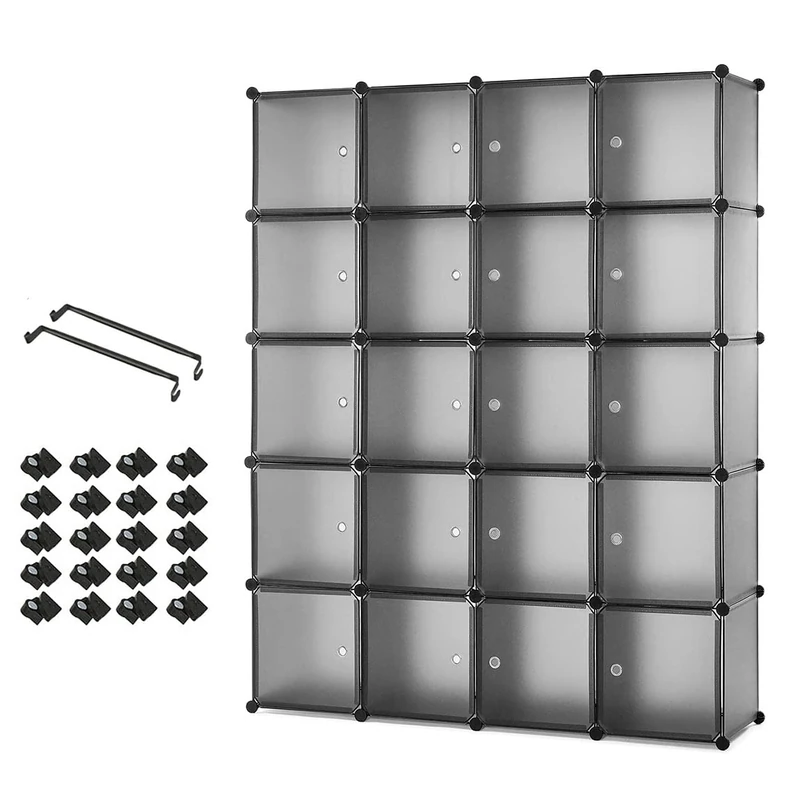 Mondeer Plastic Wardrobe, Portable Closet Cabinet, Interlocking Modular Storage Cubes for Clothes, 145 x 37 x 180 cm, Translucent Grey, 20 Cubes