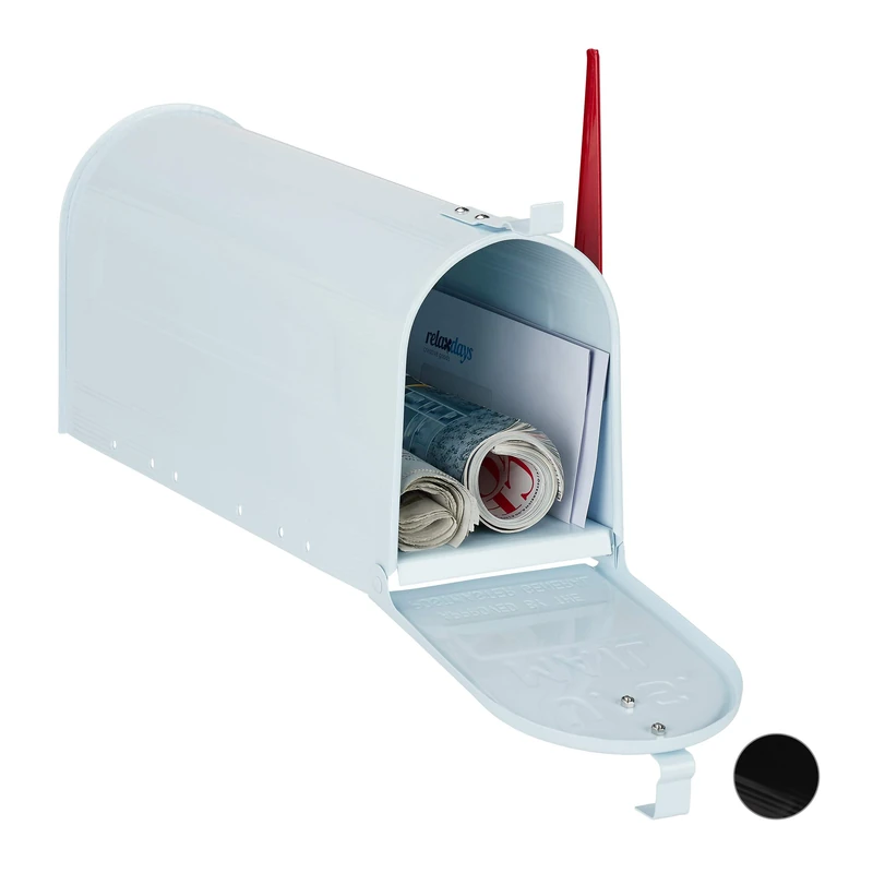 Relaxdays US Mailbox Post, Vintage American Letterbox, Newspaper Slot, Large, HxWxD: 25x19x52.5 cm, Red Flag, White