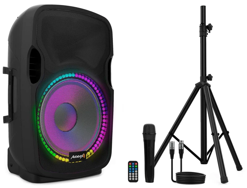 Audibax | Party Speaker 12 Professional Active Speaker 12" Bluetooth Speaker with USB/SD Power 600 W Adjustable Stand XLR Male Female Cable Wireless Hand Microphone Black Colour